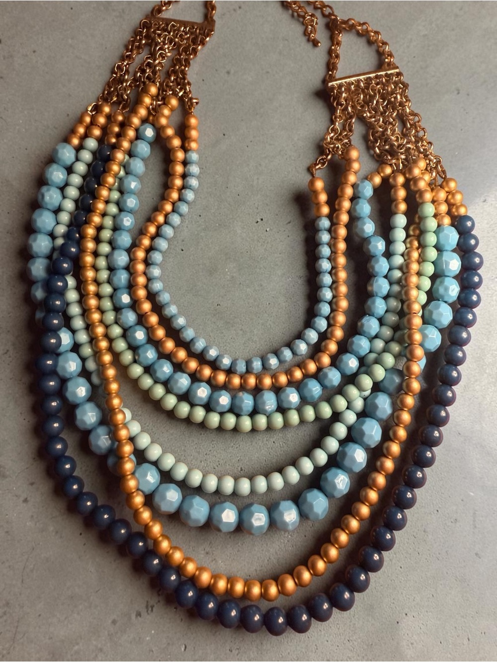 Multi-Strand Blue and Gold Beaded Statement Necklace